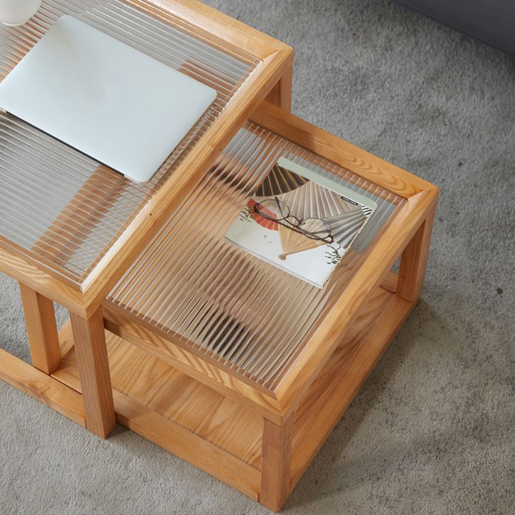 Modern Glass Top Coffee Table Square Natural Wood Cocktail Table