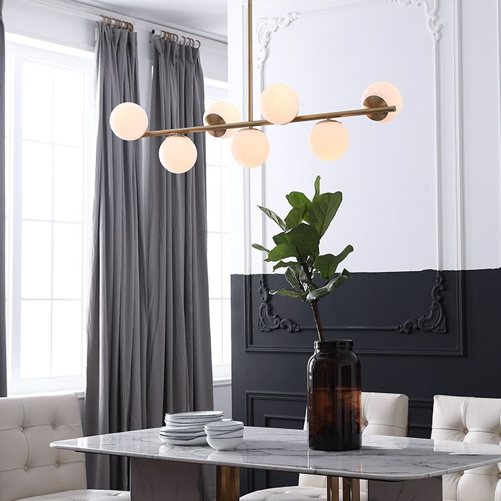 7 Light Modern Gold Metal Island Pendant Lighting Spherical White Glass Island Ceiling Light for Dining Table