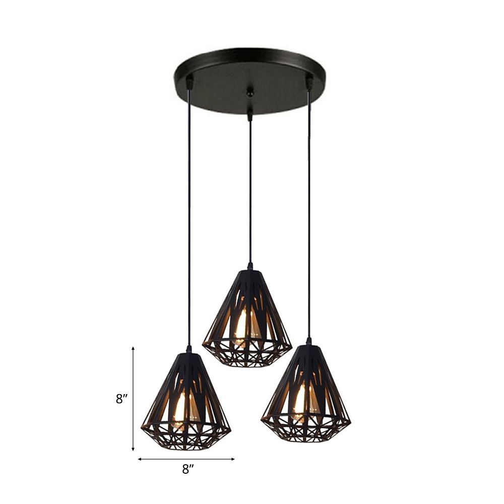 Loft Stylish Wire Cage Suspension Light 3 Heads Metal Ceiling Fixture with Diamond Shade in Black/White
