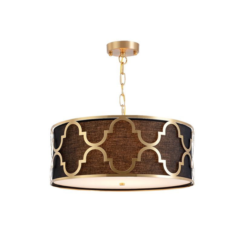 Tela marrón lámpara de araña colgante con forma de tambor 4/5 kit tradicional de luz colgante con protector de jaula quatrefoil