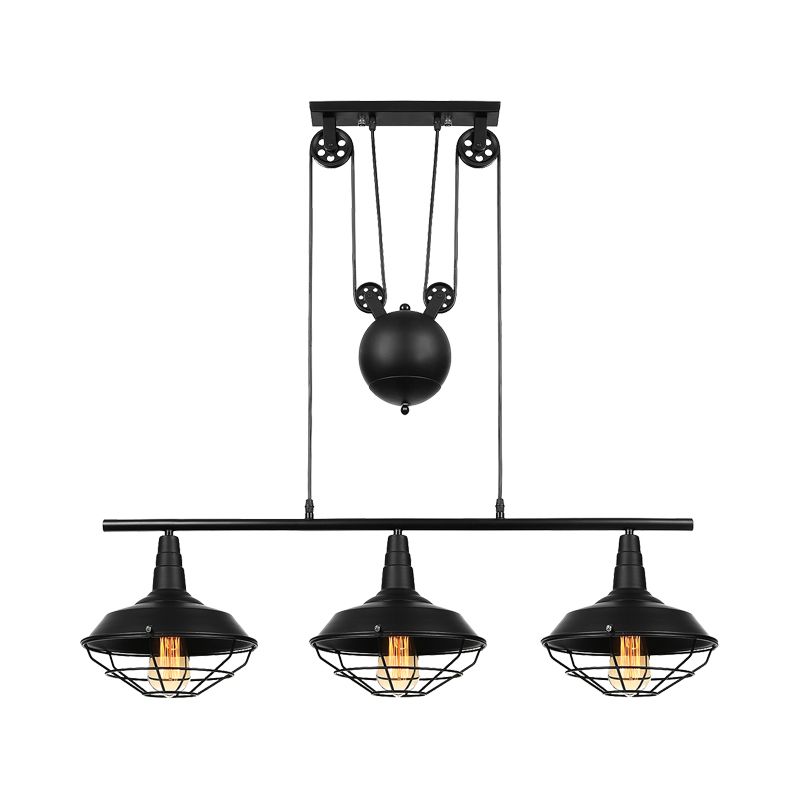 Farmhouse Barn Island Pendant 3 Lights Metallic Pendant Lighting with Cage Shade and Pulley in Black