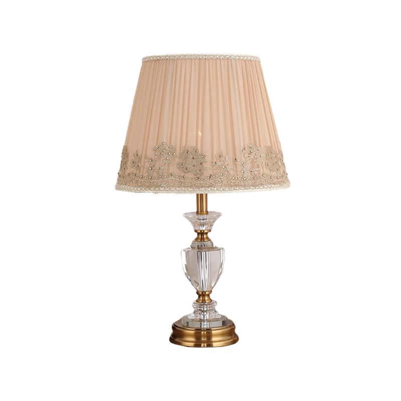 Flared Crystal Table Light Modern Fabric 1 Head Beige Reading Lamp for Living Room
