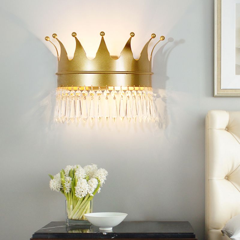 Golden Crown Wall Light Sconce Vintage Stylish 2 Lights Metal Wall Lamp with Clear Crystal Decoration