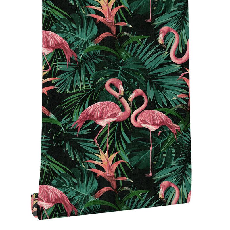 Vinyl 33' by 20.5" Tropical Non-Pasted Flamingo and Botanical Leaf Wallpaper