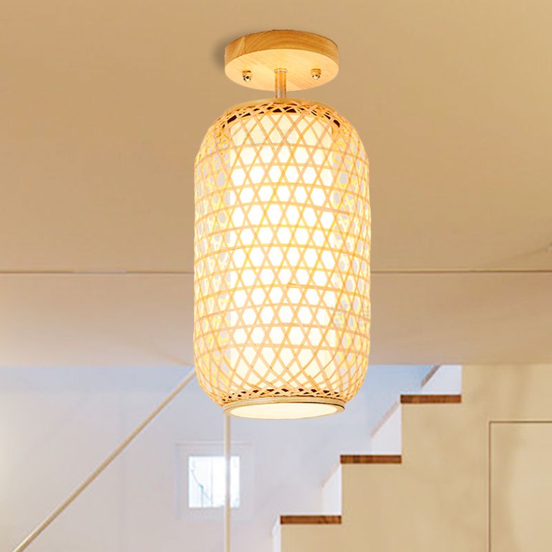 1 Bulb Cylinder/Basket/Cup/Dome Semi Flush Light Modernist Bamboo Ceiling Mounted Fixture in Wood for Living Room