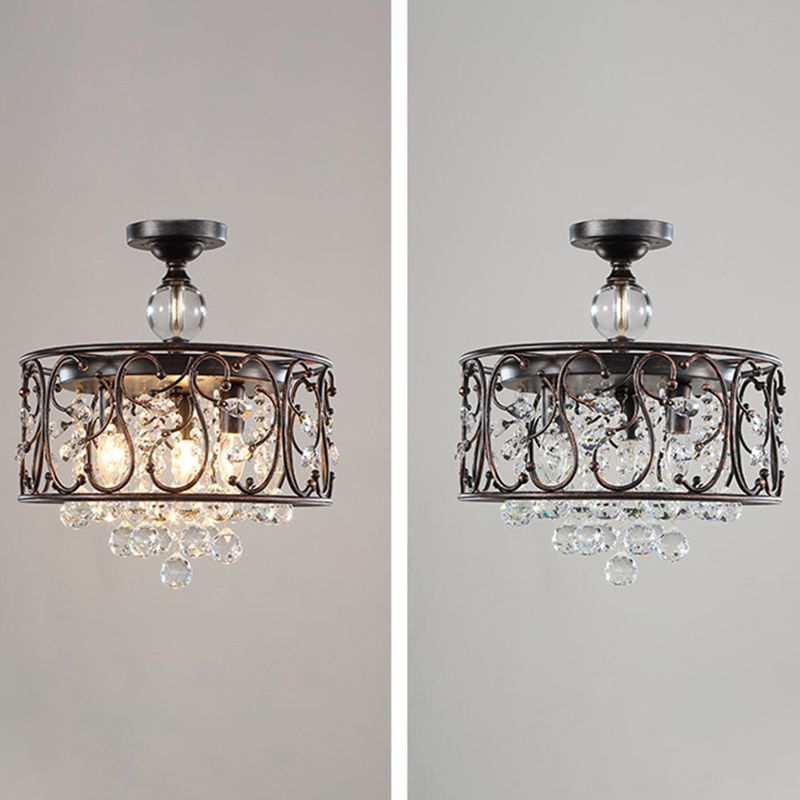 3-Lights Drum Ceiling Light with Romantic Crystal Drops Design Wrought Iron Semi Flush-mount Lighting Fixture in Rust