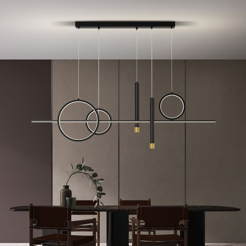 Geometric Island Lighting Contemporary Metal Island Chandelier Lights for Kitchen in Black