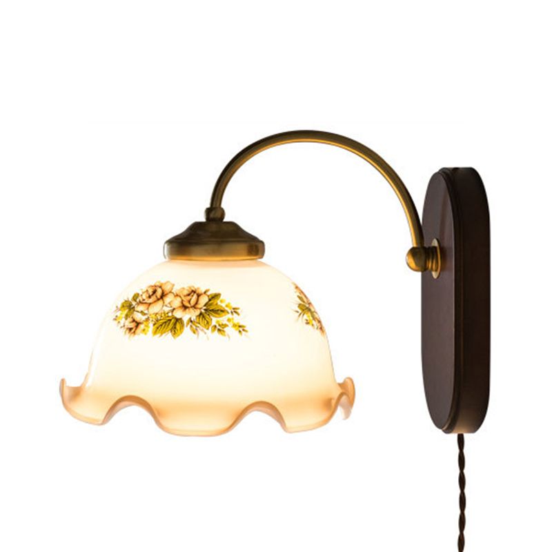 Modern Wood Wall Sconce Flower Shape Vanity Lamp with Glass Shade for Bathroom