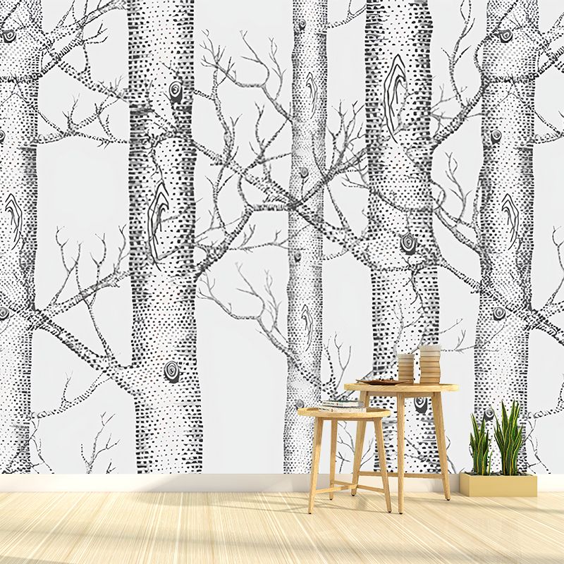 Nordic Birch Tree Wall Art in Grey Bedroom Decorative Wall Mural, Custom-Printed