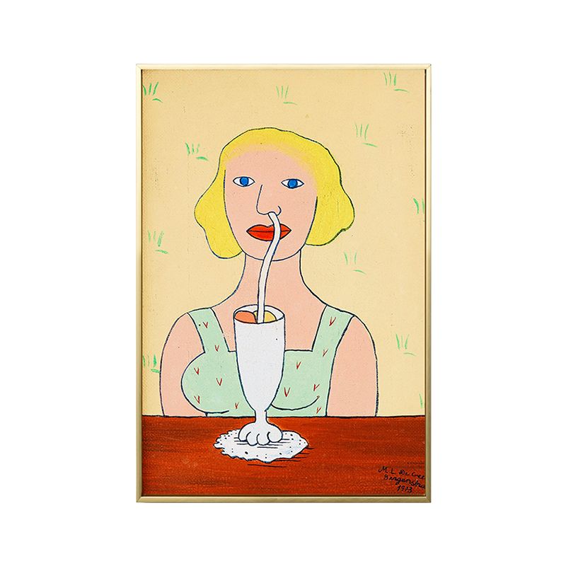 Drinking with Nose Canvas Art Textured Modernist Living Room Wall Decor in Yellow