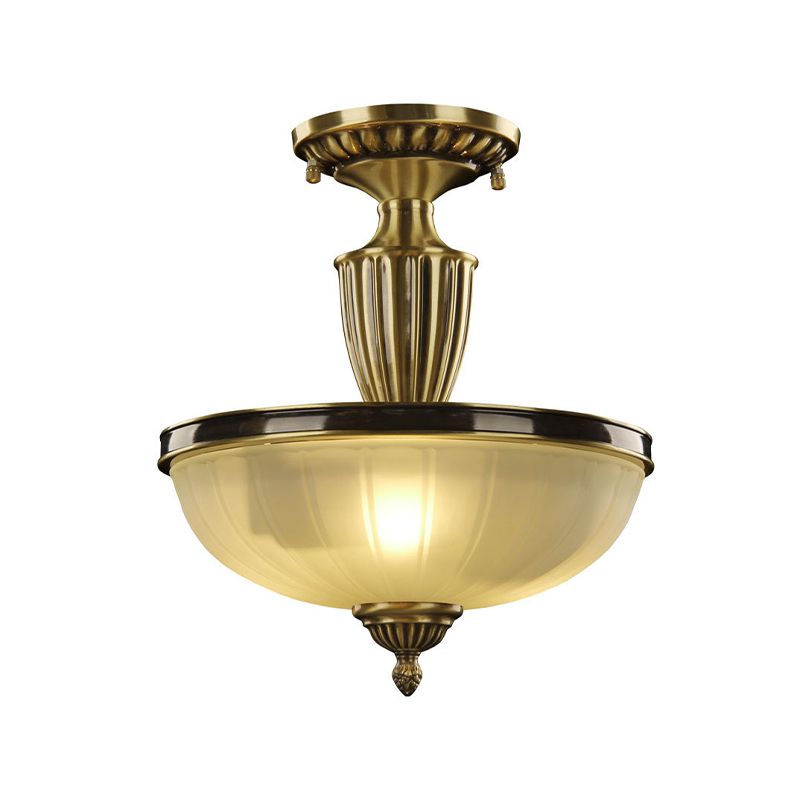 2-Bulb Semi Mount Lighting Retro Dome Frosted Glass Ceiling Light with Urn-Shaped Metal Rod in Gold