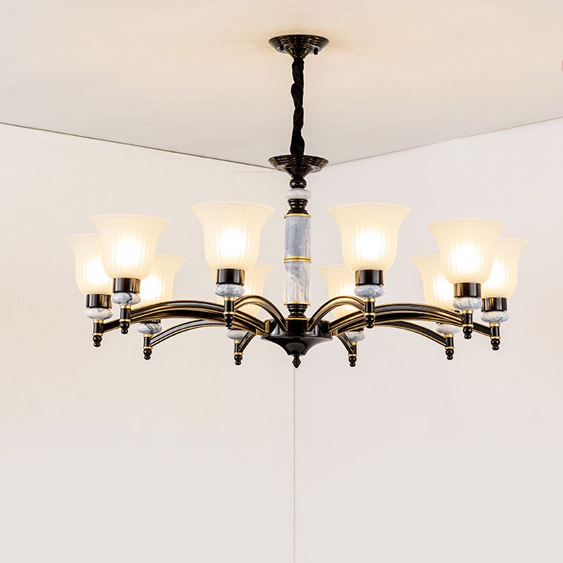 Ribbed Frosted Glass Flared Chandelier Vintage Bedroom Pendant Light with Scalloped Edge in Black