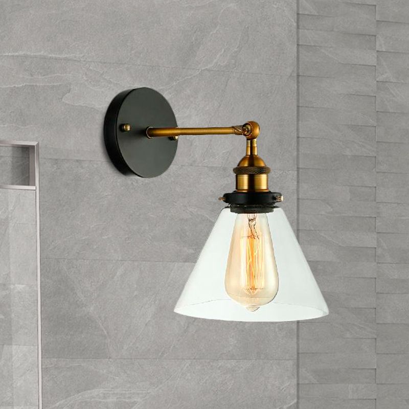 One Bulb Clear Glass Sconce Light Fixture Industrial Black Conical Bedroom Wall Lamp