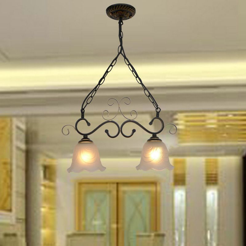 Flared Frosted Glass Hanging Pendant Light Traditional 2/3 Lights Dining Room Island Lighting Fixture in Black