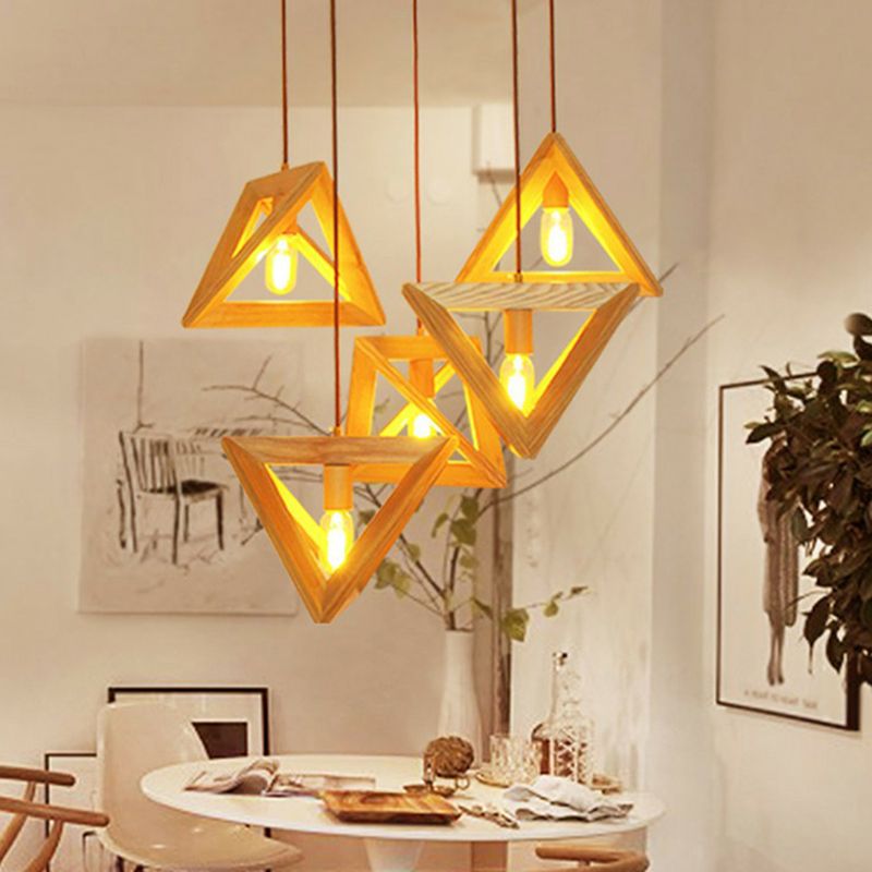 1-Head Dining Room Ceiling Hang Light Modern Beige Pendant Lamp with Triangular Wooden Frame