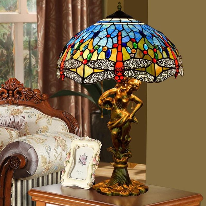 Dragonfly Cabochons Embedded Table Light 3-Light Yellow/Orange/Blue Glass Tiffany Nightstand Lamp with Pull Chain