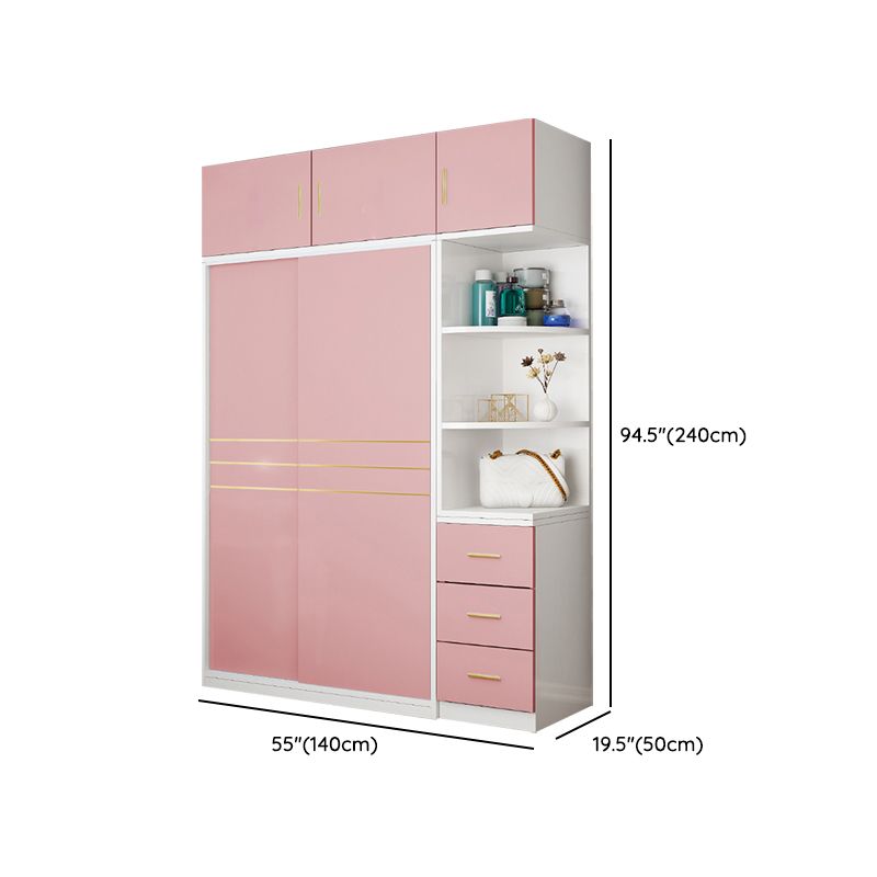 Pink Hanging Clothes Rack Wooden Wardrobe Armoire with Lower Storage Drawers
