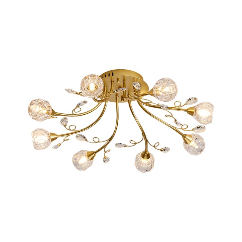 Gold Spherical Ceiling Light Simple Style 8 Bulbs Crystal Prisms Semi Mount Lighting with Scroll Arm