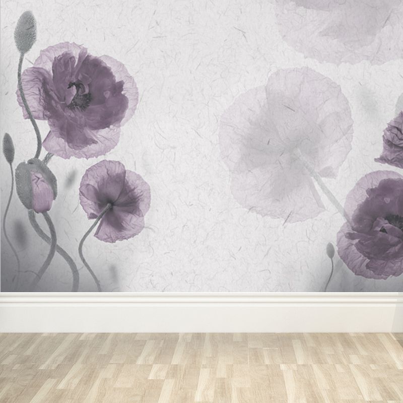 Purple Flower Mural Decal Washable Modernist Bedroom Wall Covering, Custom Printed