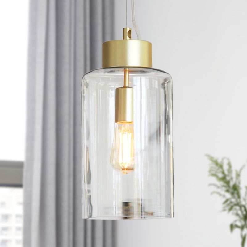 Brass Cylinder Hanging Light Fixture Modernism 1 Head Clear Glass Pendant Ceiling Light
