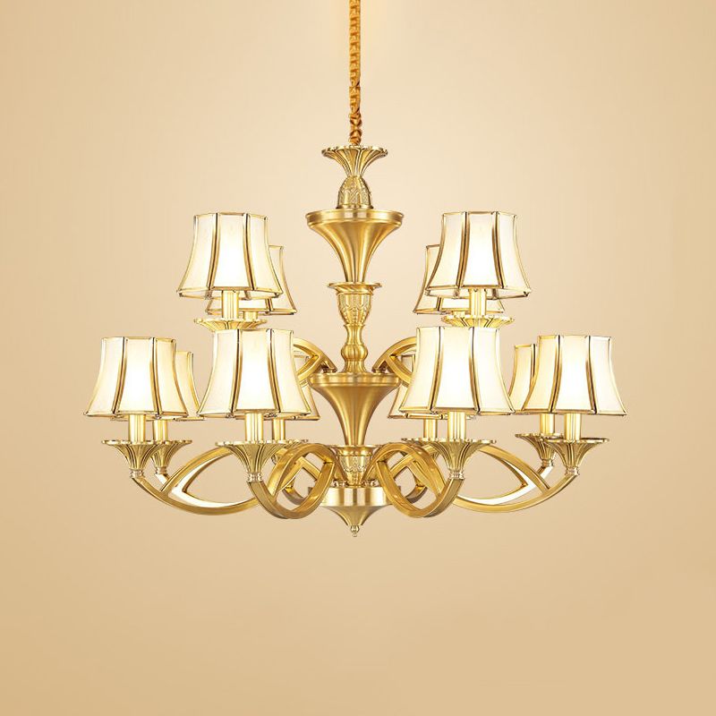 Taper Shaped Patterned Glass Chandelier Lighting Classic Living Room Pendant Light in Gold