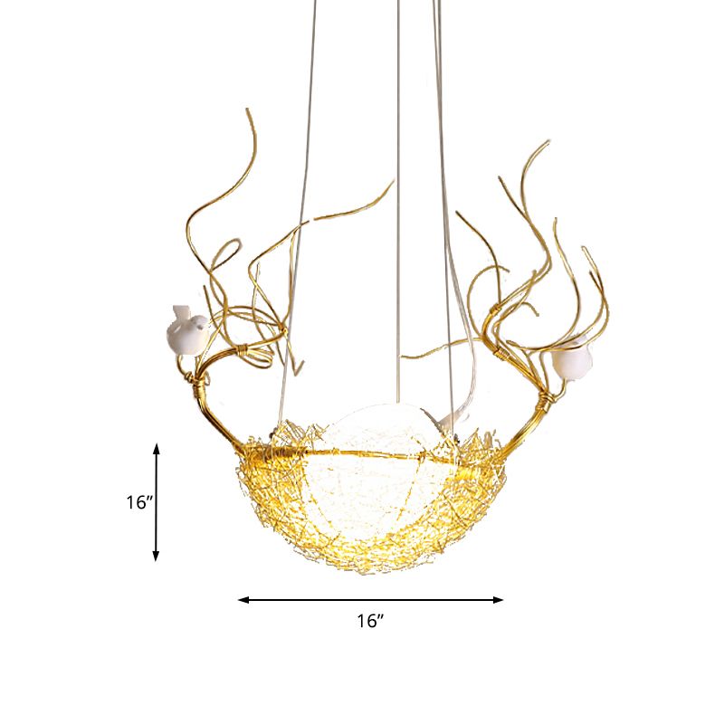 Egg Shaped Hanging Ceiling Pendant Art Deco Milk White Glass 1 Light Gold Chandelier with White Birds and Aluminum Bird Nest
