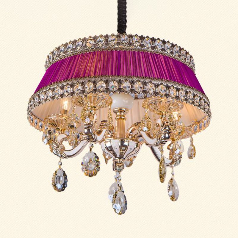 Lampe de plafond de gré de style en cristal contemporain 5 têtes de salon éclairage de lustre en bleu / violet avec de l'ombre en tissu