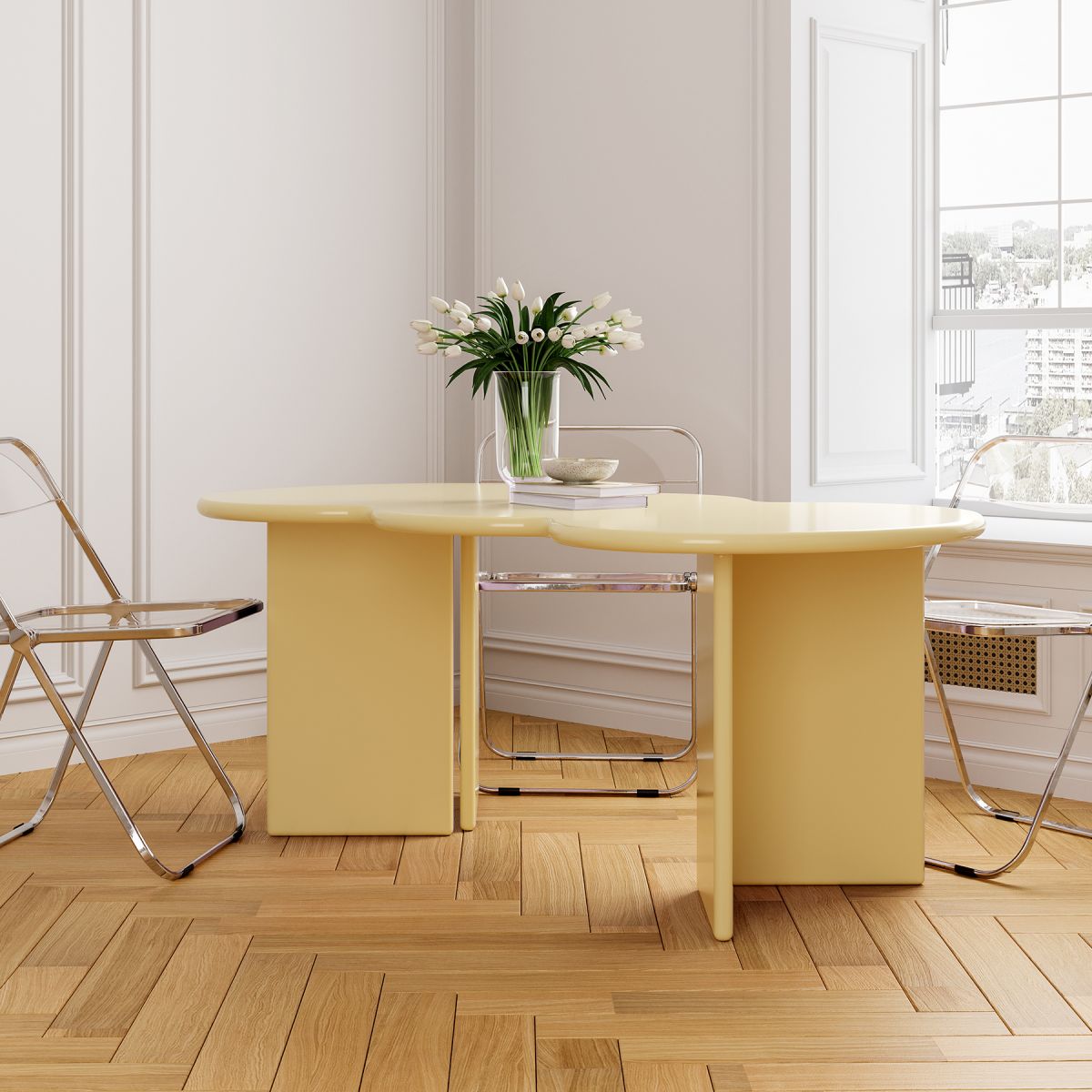 Free Form Solid Wood Dining Table Double Pedestal Furniture in Matte Finish
