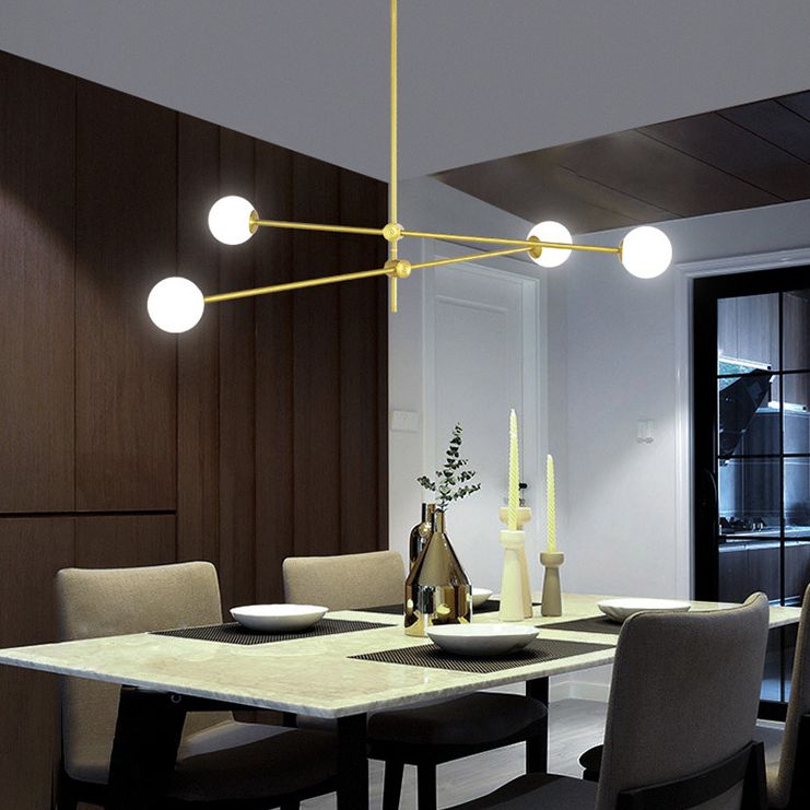 Rotating Linear Metal Island Light Fixture Minimalist Titanium Gold Pendant Light with Ball Milk Glass Shade