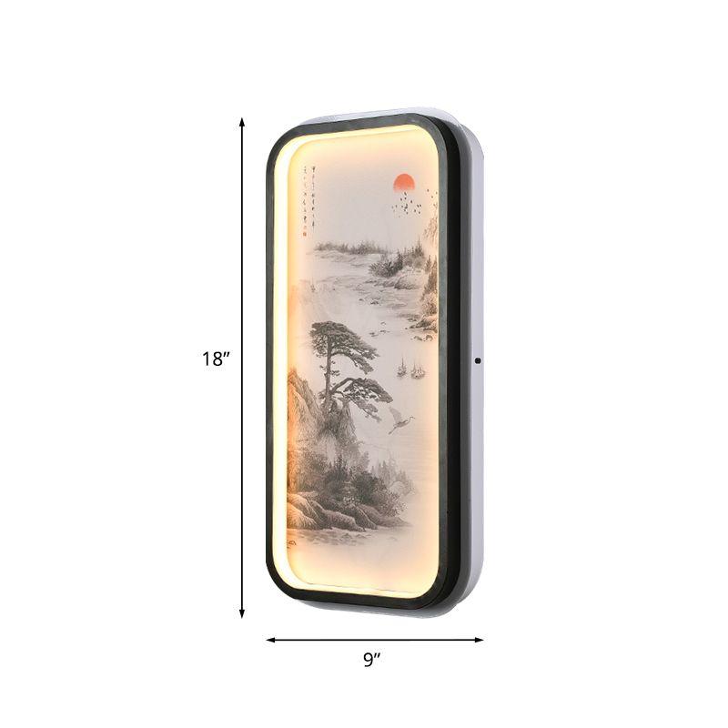 Oriental Rectangle Acrylic Pine Tree Mural Light LED Wall Lighting Idea in Black for Guest Room