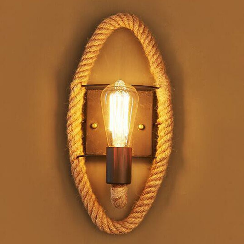 Metal Open Bulb Wall Lamp Farmhouse 1 Head Corridor Sconce with Roped Ring in Brown