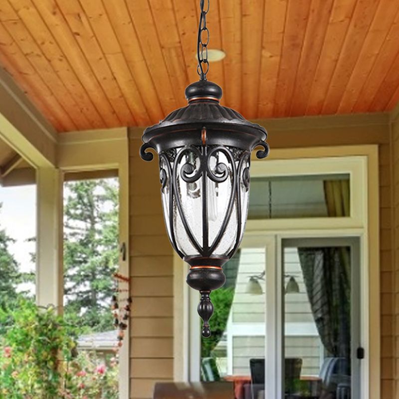 1 Bulb Urn Shade Pendant Lamp Traditional Black Finish Clear Seeded Glass Hanging Ceiling Light