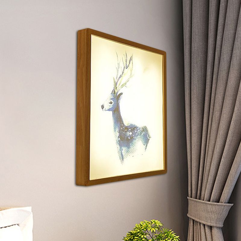 12"/16" Width Square Metallic Mural Lamp Minimalist LED Wood Wall Mounted Lighting with Deer Pattern