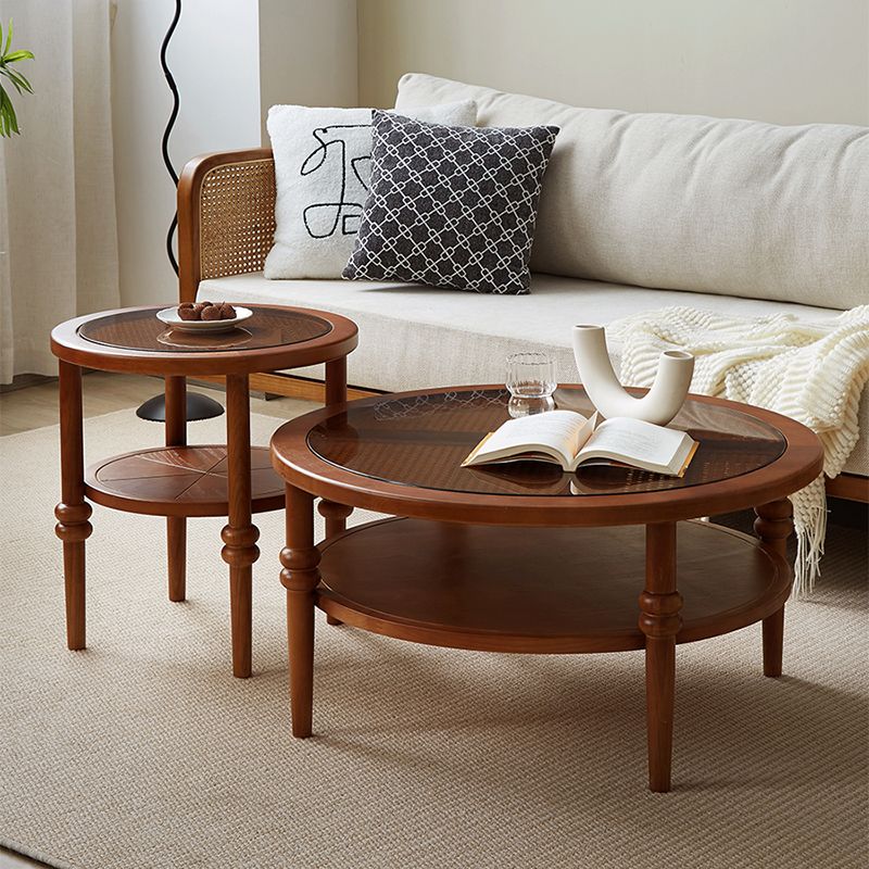 Modern Round Cocktail Table Glass Top Coffee Cocktail Table with Shelf