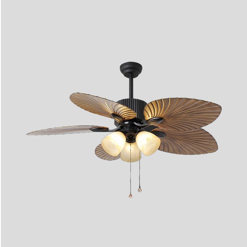 Cup White Glass Semi Flushmount Countryside 42" W 3-Head Living Room Fan Light in Brown with 5 Cattail Leaf Blades, Pull Chain/Wall Control