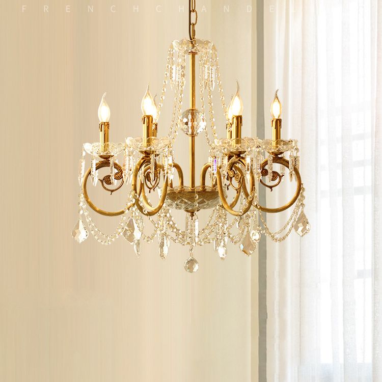Gold Retro Rustic Style Crystal Large Chandelier Full Brass Candlestick Design Elegant Lighting Fixture for Living Room