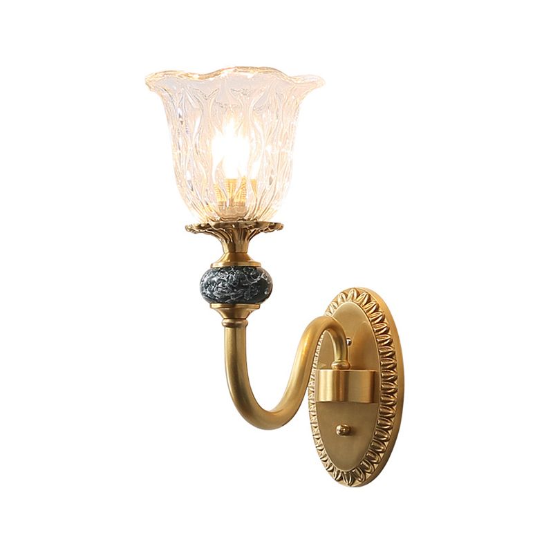 Floral Bedroom Sconce Light Fixture Antique Clear Glass 1/2 Lights Gold Wall Lamp with Arched Arm