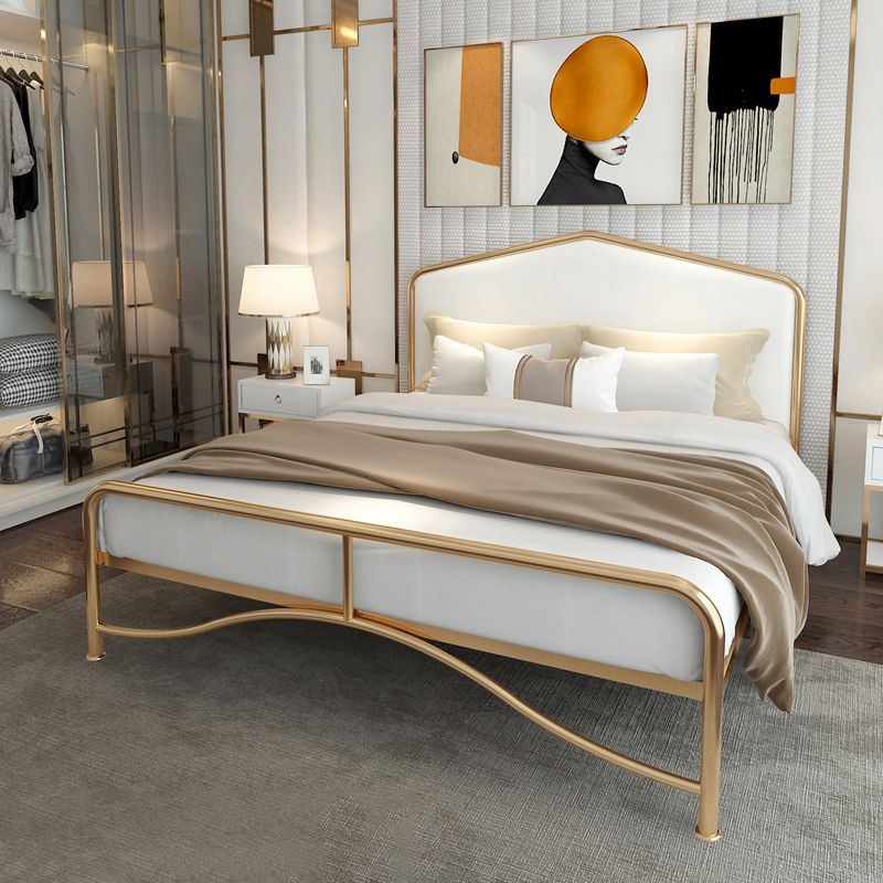 Glam Panel Bed with Camelback Headboard, Metal and Upholstered Bed Frame