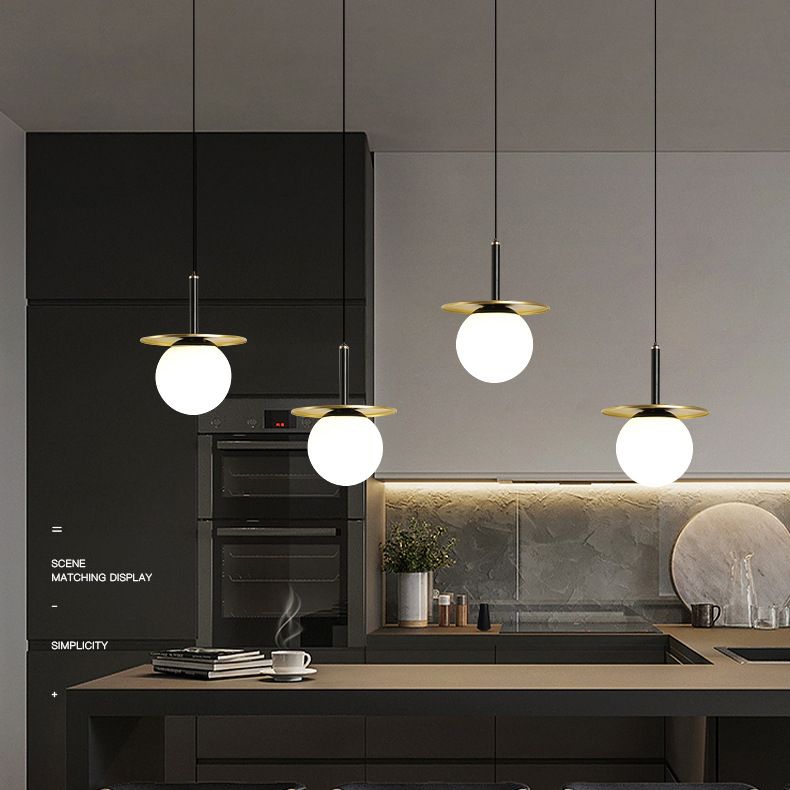 7" Wide White Glass Globe Mini Hanging Light with Round Metal Sheet Decoration Post-modern Style Simplicity Lighting Pendant in Gold