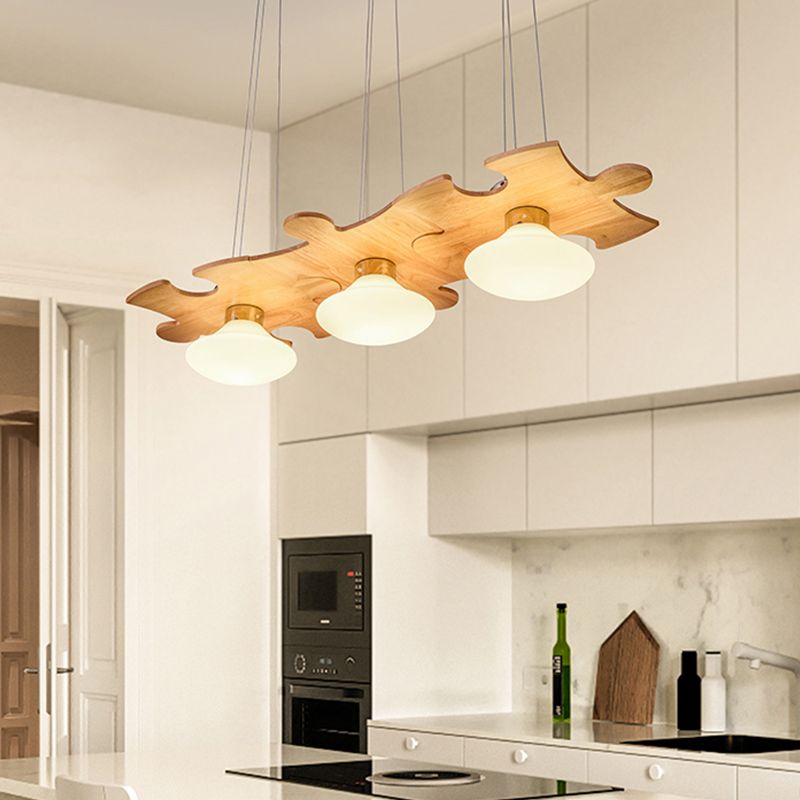 Cream Glass Jellyfish Multi Light Pendant Modernist 3-Light Suspension Lamp with Jigsaw Puzzle Wood Beam
