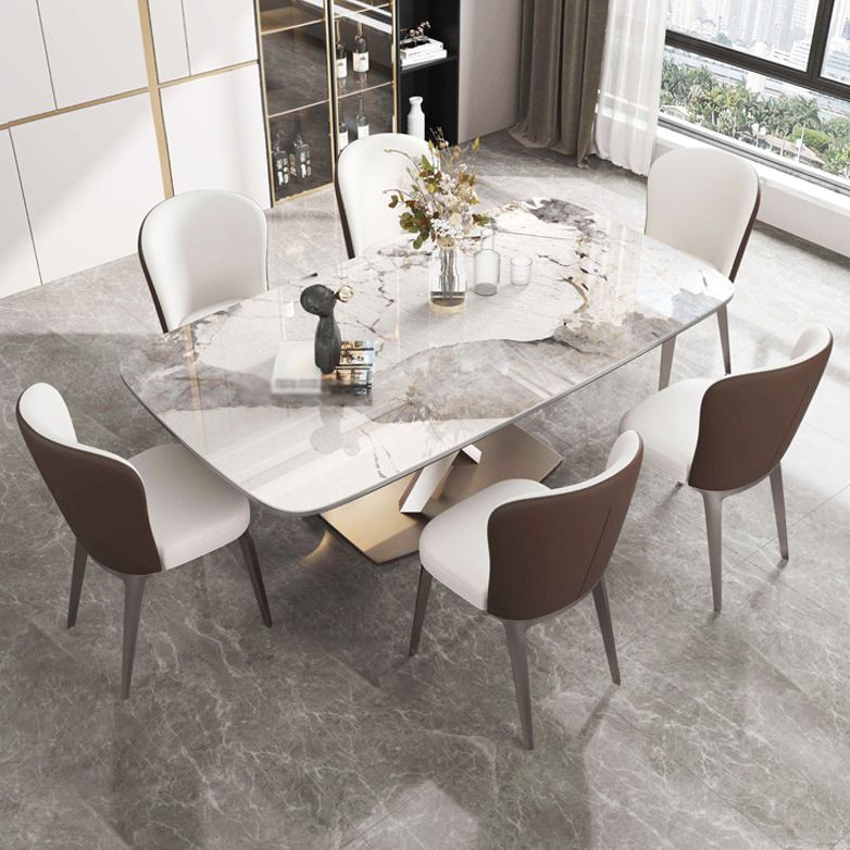 Tavolo rettangolare contemporaneo in metallo tavolo da pranzo in pietra sinterizzato con base di piedistallo