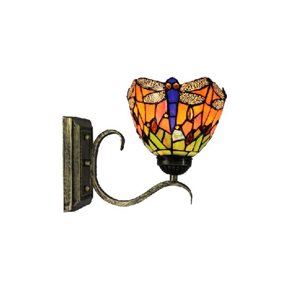 1 Light Dragonfly Wall Light Rustic Tiffany Stained Glass Wall Sconce in Orange for Library