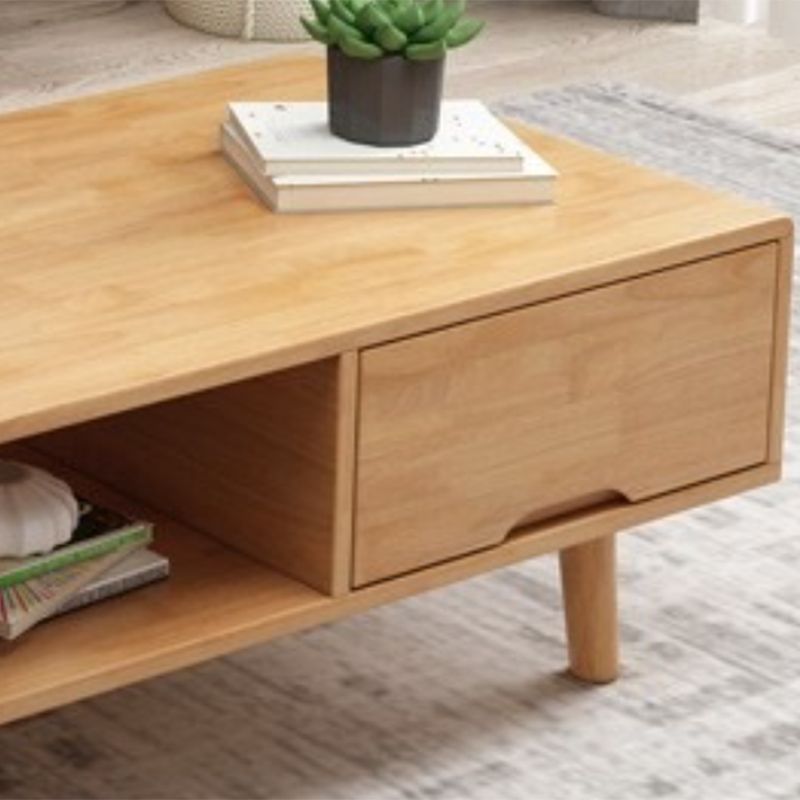 Scandinavian Rubberwood Coffee Table with 4 Straight Legs and Drawer
