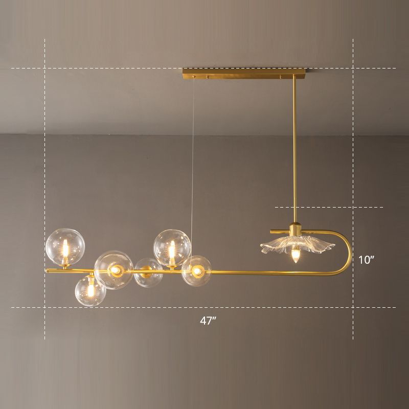 Creative Postmodern Suspension Lamp Brass Finish Ball and Lotus Leaf Island Light with Glass Shade