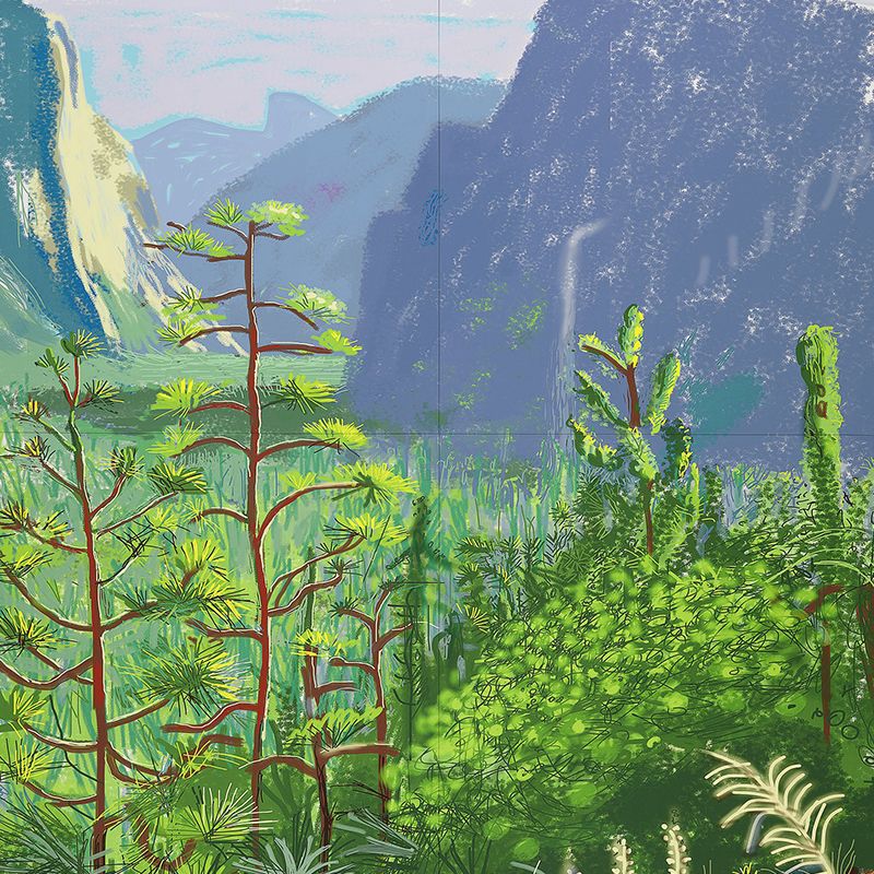 Art Deco Mountain Landscape Mural for Living Room Custom Wall Covering in Blue-Green