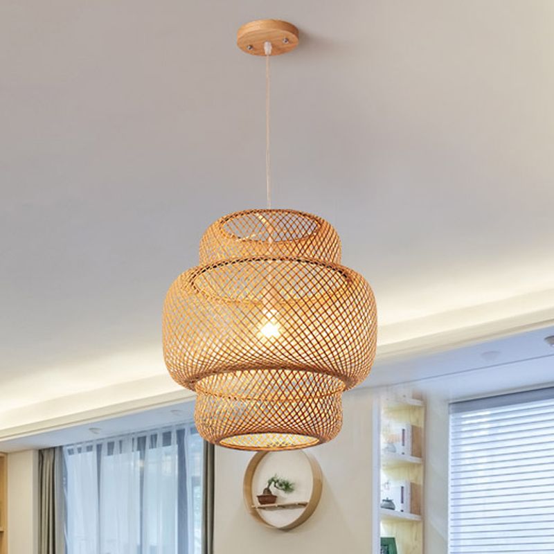 CRISS-CROSS LANTER LANTER PENDANT LANDE ASIAN BAMBOO 1 BULBE SOIX LUMIÈRE HAPPORT EN NOIR / BEIGE, 15 "/19.5" W