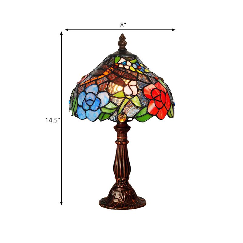 1-Light Peony Patterned Table Lighting Tiffany Bronze Stained Glass Night Stand Lamp