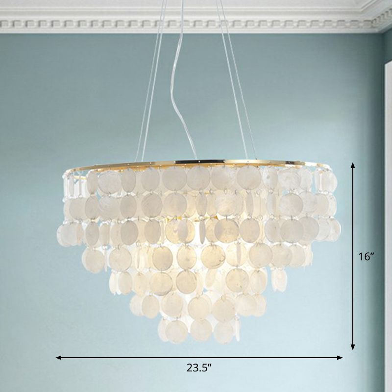 French Country Conical Pendant Lamp Natural Shell Chandelier Light Fixture in Gold