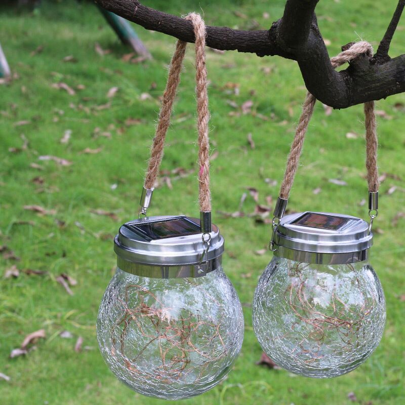 Wishing Jar Backyard Solar Suspension Lighting Clear Crackle Glass Artistic LED Pendant Light, 1 Pc