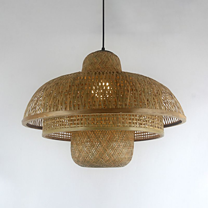 1 Bulb Teahouse Pendant Lamp Asia Flaxen Ceiling Hanging Light with Tiered Bamboo Shade